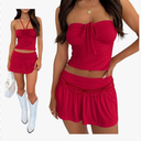 Women Sexy Summer 2 Piece Sets Drawstring Ruched Crop Tube Top Low Rise Ruffle Mini Skirts Sets Y2k Outfits, Size -Medium
