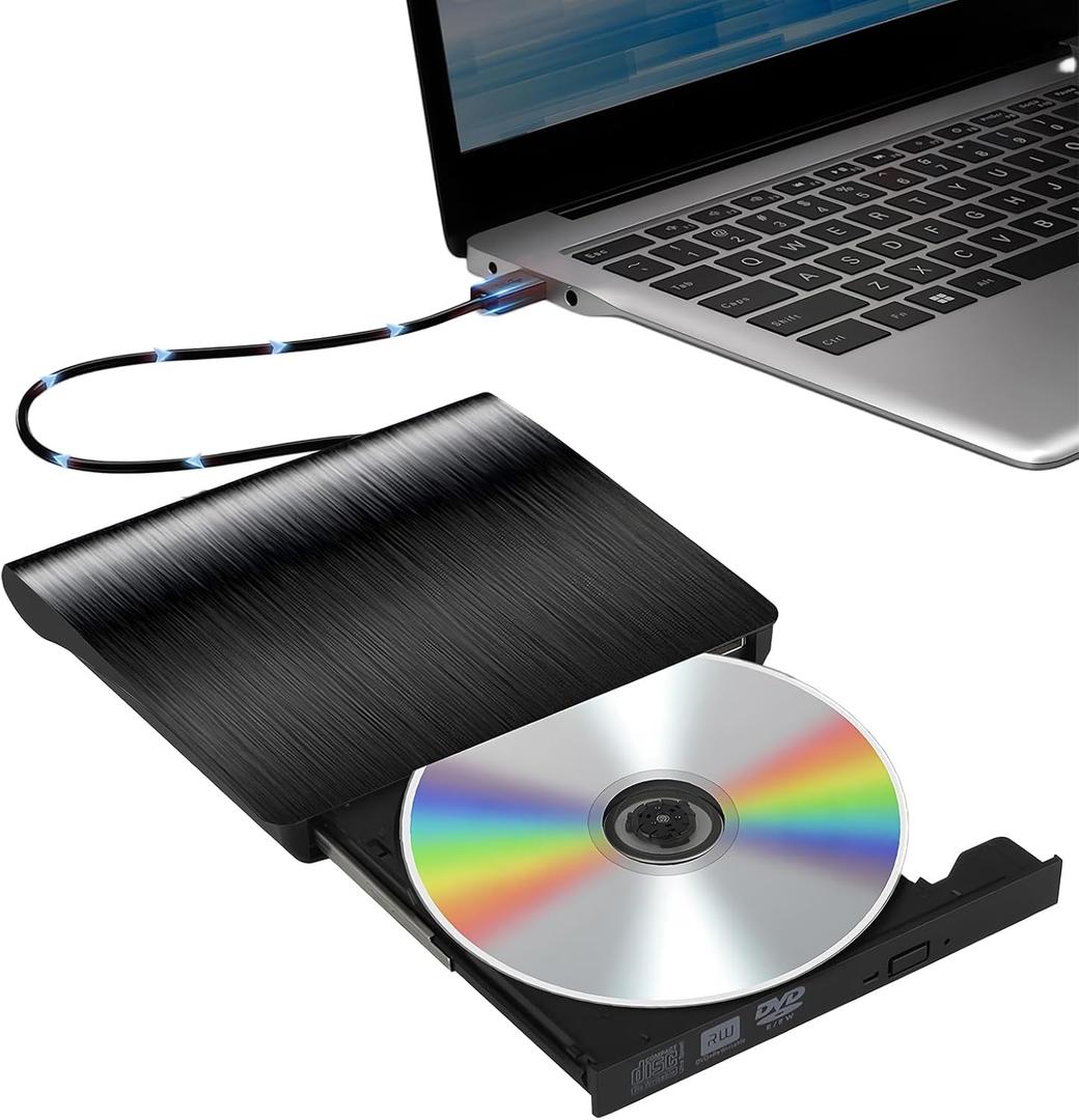 External DVD Drive, Portable USB 3.0 CD Burner +/-RW Drive, DVD Player for ROM Rewriter Burner, Compatible with Laptop, Desktop PC, Windows MacBook Linux Mac OS