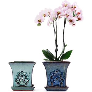 Ceramic Orchid Pots with Holes attached Saucers 4.8 Inches - Set of 2 Small Square Orchid Pots for Repotting, Decorative Ceramic Orchid Planter with Hole for Healthy Root Growth Blue and Green