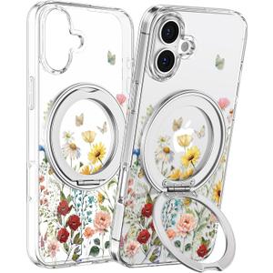Loheckle for iPhone 16 Case - Compatible with MagSafe Stand Women Girls Cute Clear Girly Aesthetic Kawaii Unique Design Soft TPU Built-in Magnetic Stand Phone Cover for Apple 16, Retro Floral