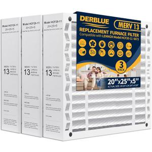DerBlue 3PACK 20x25x5 MERV 13 Furnace Filter Replacement Compatible with Lennox X6673 HCF20 Pleated HVAC,Foldable Design for Easy Installation & Space-Saving (Actual Size: 19.75 x 24.75 x 4.38 In)