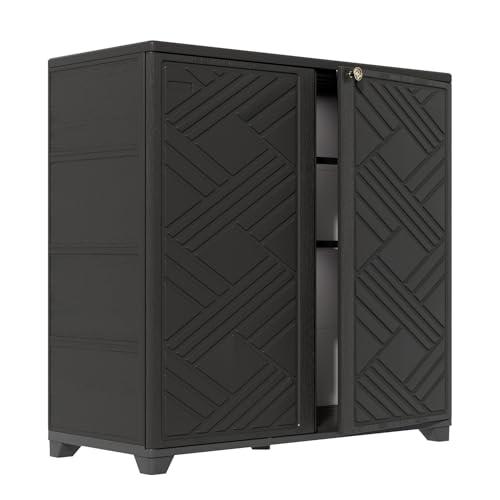 HOMSPARK Indoor/Outdoor Storage Cabinet with Doors and 2 Metal Shelves, 34”x15”x34” HDPE Plastic Storage Box for Patio, Garden, Enterway, Balcony, Multi-Purpose for Daily Tools, Black