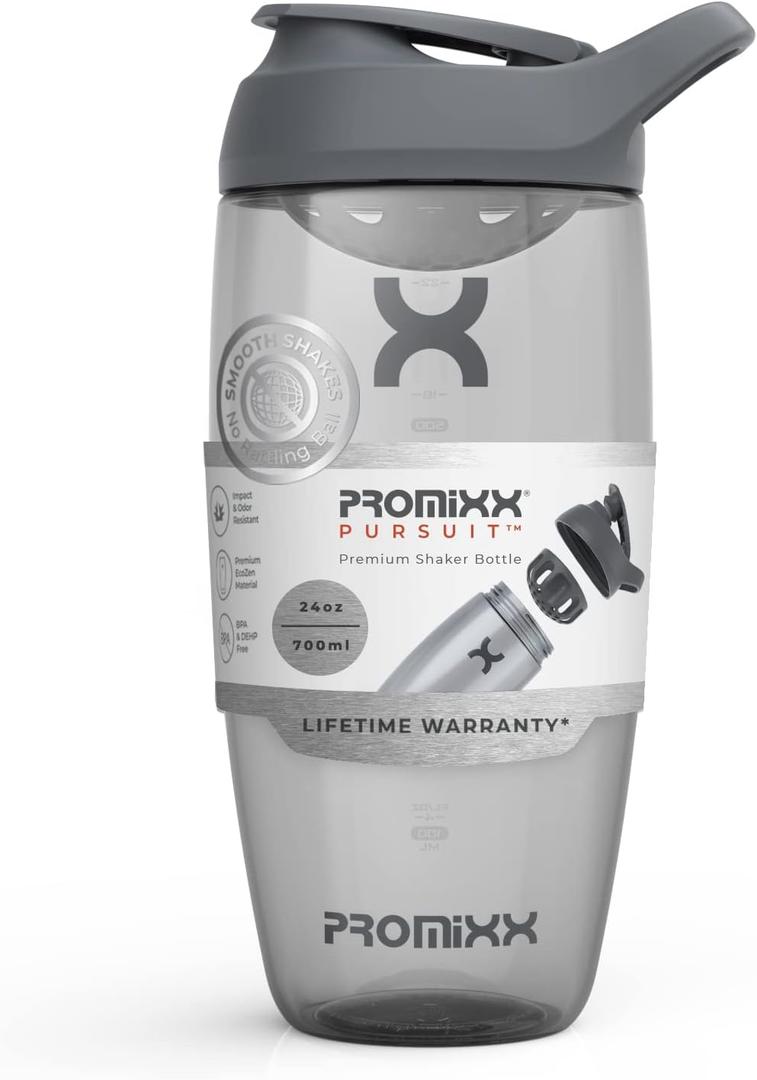 Promixx Pursuit Protein Shaker Bottle (24 oz)  Silent No-Ball Mixer, Leak-Proof Lid, BPA/BPS & Phthalate-Free ECOZEN  Easy-Clean Shaker Cup for Protein Shakes, Pre & Post-Workout Smoothies (Graphite Gray)