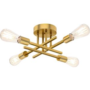 Gold Semi Flush Mount Ceiling Light Fixture, 4-Light Modern Industrial Sputnik Chandelier Light Fixture, Flush Mount Ceiling Lamp for Kitchen Bedroom Living Room Dining Room Closet, E26 Bulb Sockets