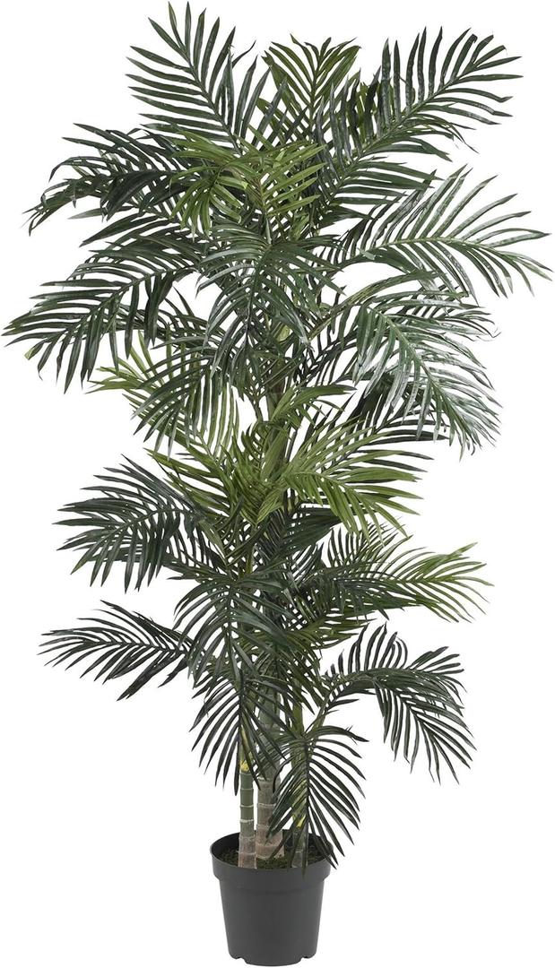 Nearly Natural 6.5 ft Artificial Golden Cane Palm Tree with Nursery Pot | Lifelike Silk Indoor Palm, Three Textured Trunks, Flexible Fronds, Low-Maintenance