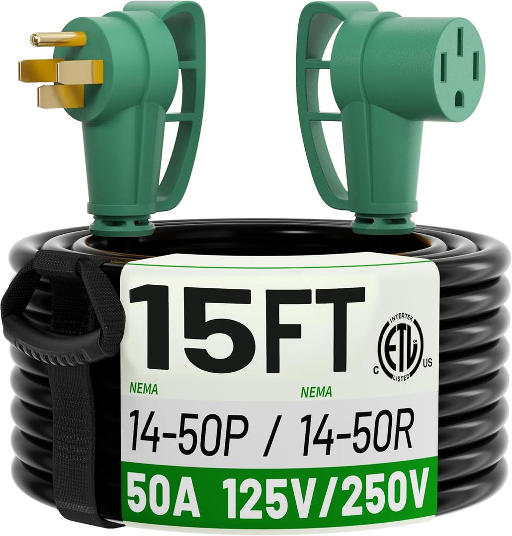 POWGRN NEMA 14-50P to NEMA 14-50R 50 Amp RV/EV Extension Cord 15 FT Outdoor with Grip Handle, Flexible Heavy Duty RV Power Cord Waterproof, 50A 125/250V 6250/12500W STW, Black-Green, ETL Listed