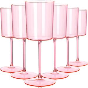 Ciaell 12 Pack Pink Plastic Wine Glasses - 10 Oz Disposable Wine Glasses with Stem for Parties & Weddings & Poolside & Outdoors & Camping