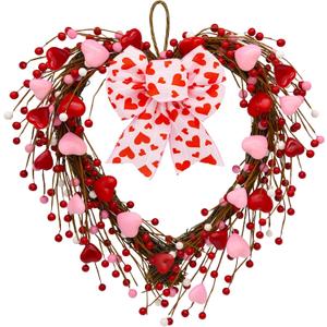 CRCZK 16Inch Red & Pink Heart Wreath with Artificial Hearts & Berries - Valentine's Day Bow Wreath for Indoor & Outdoor Decor
