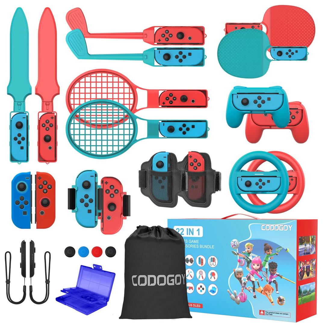 CODOGOY 22 in 1 Switch Sports Accessories Bundle with Carry Bag for Switch Sports Games, Family Accessories Kit Sports Party Pack Compatible with Nintendo Switch/Switch OLED (RED& DARK BLUE)