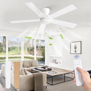 48 Inch Flush Mount Ceiling Fan without lights, White Ceiling Fan with Remote, 6-Speeds, Quiet Reversible DC Motor, Indoor/Outdoor Ceiling Fans for Living Room, Bedroom, Patio, Remote Not Included