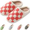 Classic House Plaid Slippers For Women Mens,Cozy Non Slip Outdoor Indoor Plush Slides Slippers (White)