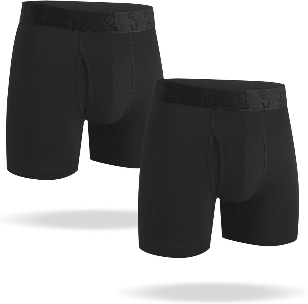 Men's Underwear Boxer Briefs, Modal Breathable Underwear with Soft Elastic Flex Waistband, Moisture-Wicking, 5", 2 Pack (Long Leg-black-2 Pack)