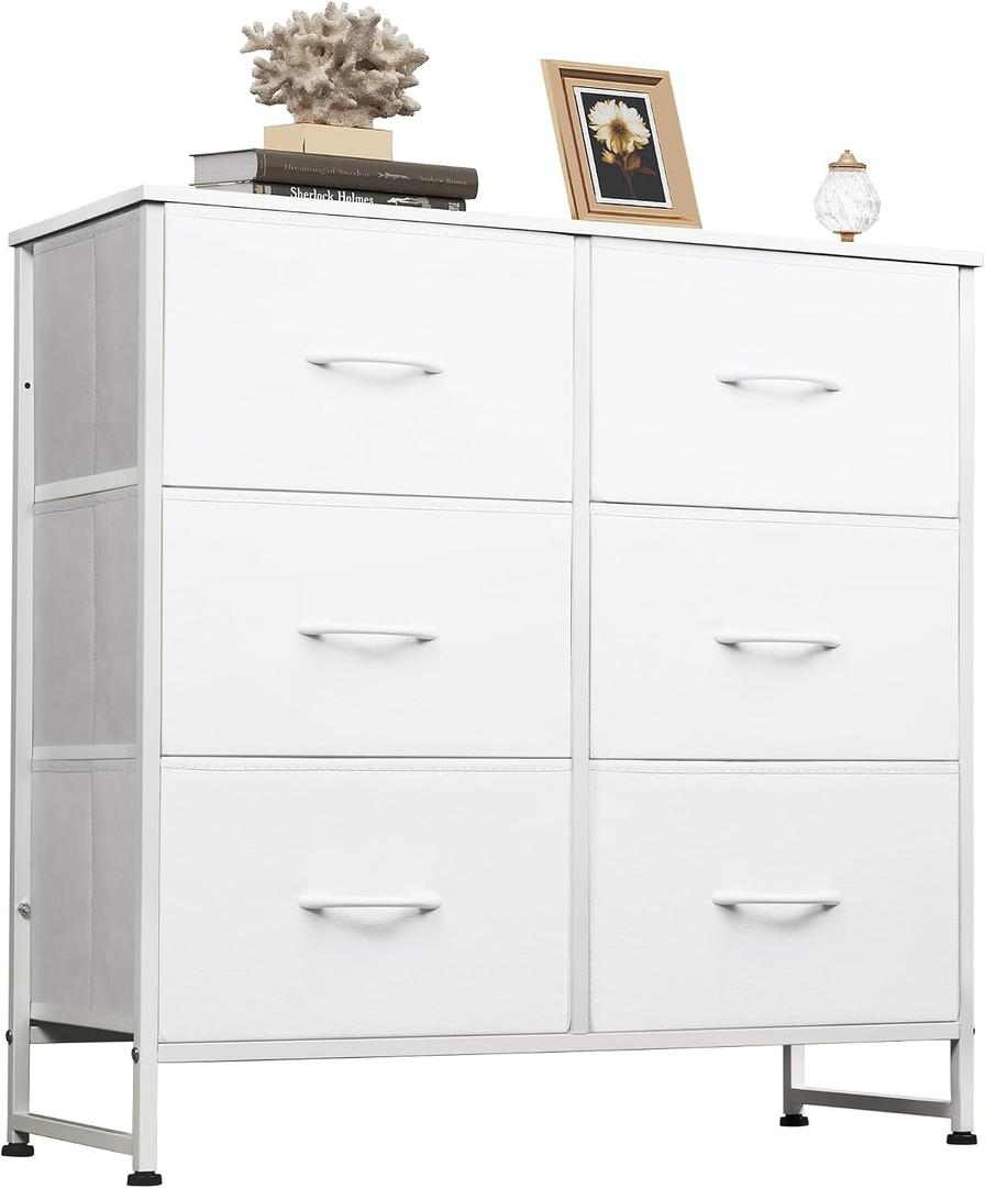 WLIVE White Dresser for Bedroom with 6 Fabric Drawers, Closet Dresser with Metal Frame, Wooden Top, Chest of Drawers for Closet, Living Room, Hallway