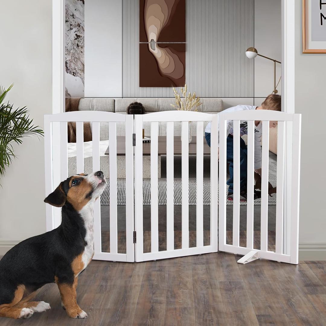 ZJSF Foldable Freestanding Indoor Dog Gate for House Wood White Long Pet Gates Dog Fence for Stairs Puppy Gates for Hallways,Pet Fence, Puppy Gate,Support Feet Included 32 "Height-3 Panels