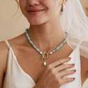 Amazonite Necklace, Colored Natural Stone Amazonite Beaded Necklace with Freshwater Pearl, 18 Inch Beaded Choker Summer Beach Jewelry for Women