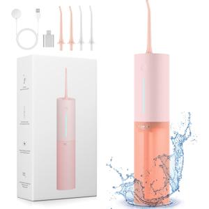 Cordless Water Flosser for Teeth Clean, Portable Electric Water Dental Flosser for Travel, 3 Modes 8 Intensities, IPX7 Waterproof Water Dental Picks for Gums Braces with 4 Tips (Pink)