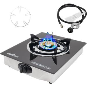 1 Burner Propane Gas Cooktop,Camping Portable LPG Gas Stove, Auto Ignition Tempered Glass Countertop Regulator and Burner Grate