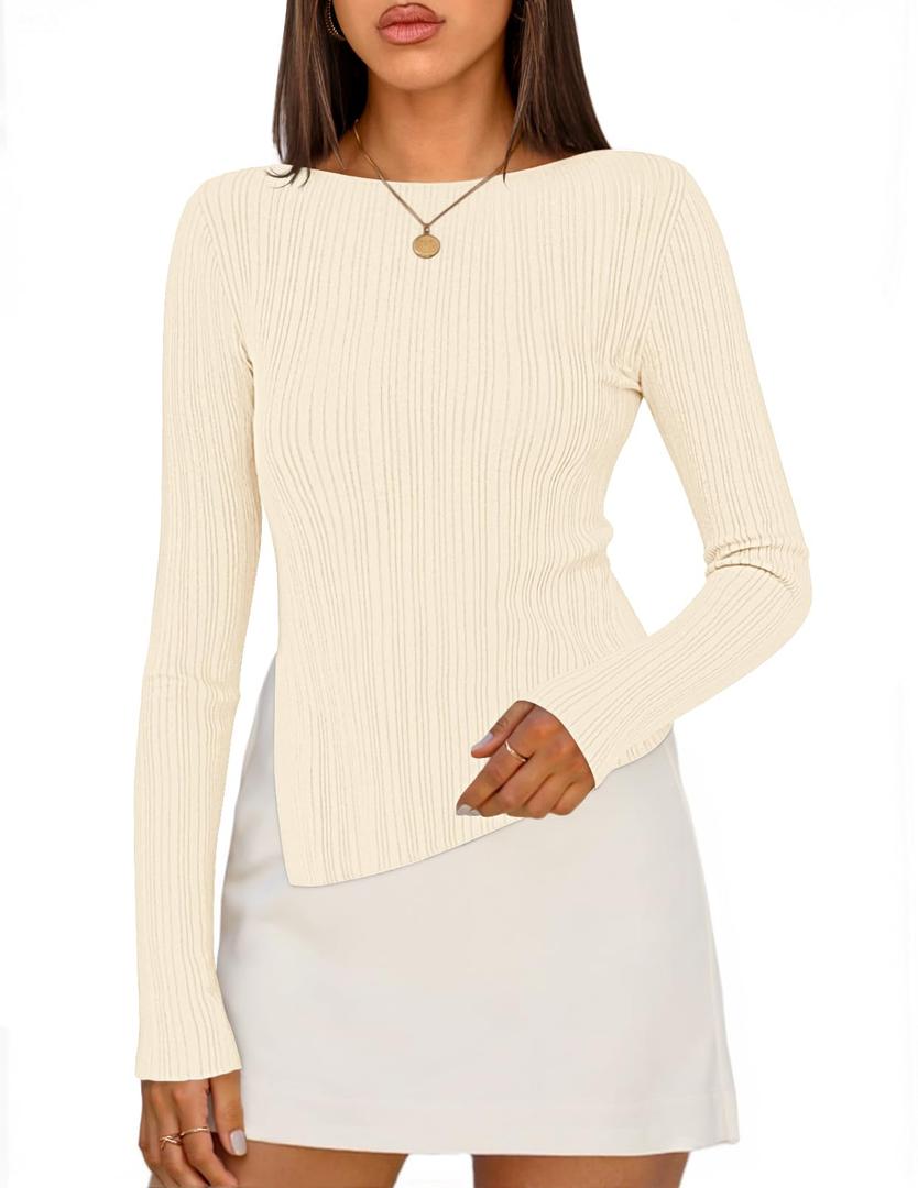 MEROKEETY Women's Fall Long Sleeve Sweater Tops 2025 Boat Neck Ribbed Asymmetric Lightweight Knit Shirts, Beige, Small (