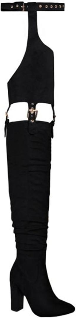 HiColor Women's Belted Pointed Toe high Boots Striking Buckle Strap Fashion thick Heel Thigh high Boot (10, Black)