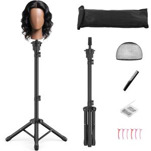 Wig Stand Tripod, 50 Inch Adjustable Mannequin Head Stand, Wig Head Stand for Cosmetology, Hairdressing Training - Includes T-Pins, Comb, Hair Clips & Carrying Bag (Head Not Included)