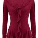 Meetjen Women's Long Sleeve Tops Slim Fit Wrap V Neck Ruffle 2026 Spring Trendy Casual Going Out Shirt Tee Blouses (Medium, Burgundy)