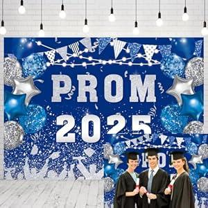 INRUI Prom 2025 Photography Background Blue and Silvery 2025 Prom Night Banner Glitter Balloons Flags Graduation Party Decorations Backdrop (8x6FT)