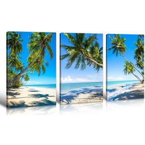 DJSYLIFE Beach Wall Art Canvas Print Tropical Palm Tree Wall Decor Coastal Seascape Painting Modern Ocean Decor for Living Room Bathroom Office Decorarion 16" X 24" X 3 Pieces