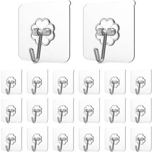 Adove Adhesive Hooks for Hanging, Heavy Duty Wall Hooks 20 Pack, Removable Sticky Ceiling Hooks, Transparent Self Adhesive Shower Hooks, Water & Oil Proof Strong 22lb(Max) Door Coat Hooks