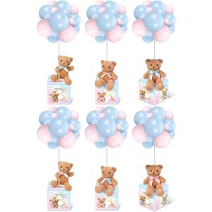Lenwen 6 Sets Pink Blue Bear Baby Shower Decorations for Gender Reveal, Letter Boxes Baby Shower Table Centerpieces Bear Stuffed Animals Balloon with Stand Plush Toy Boxes for Birthday Party Wedding