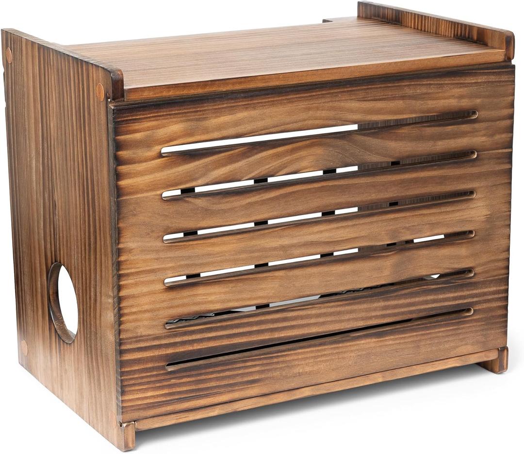 Wooden WiFi Router Storage Box - Deluxe Wall Mountable Decorative Modem Shelf Hider Cover with Cable Management System - Rustic Home Organization Solution for Most Routers Up to 11" Tall - Dark Oak