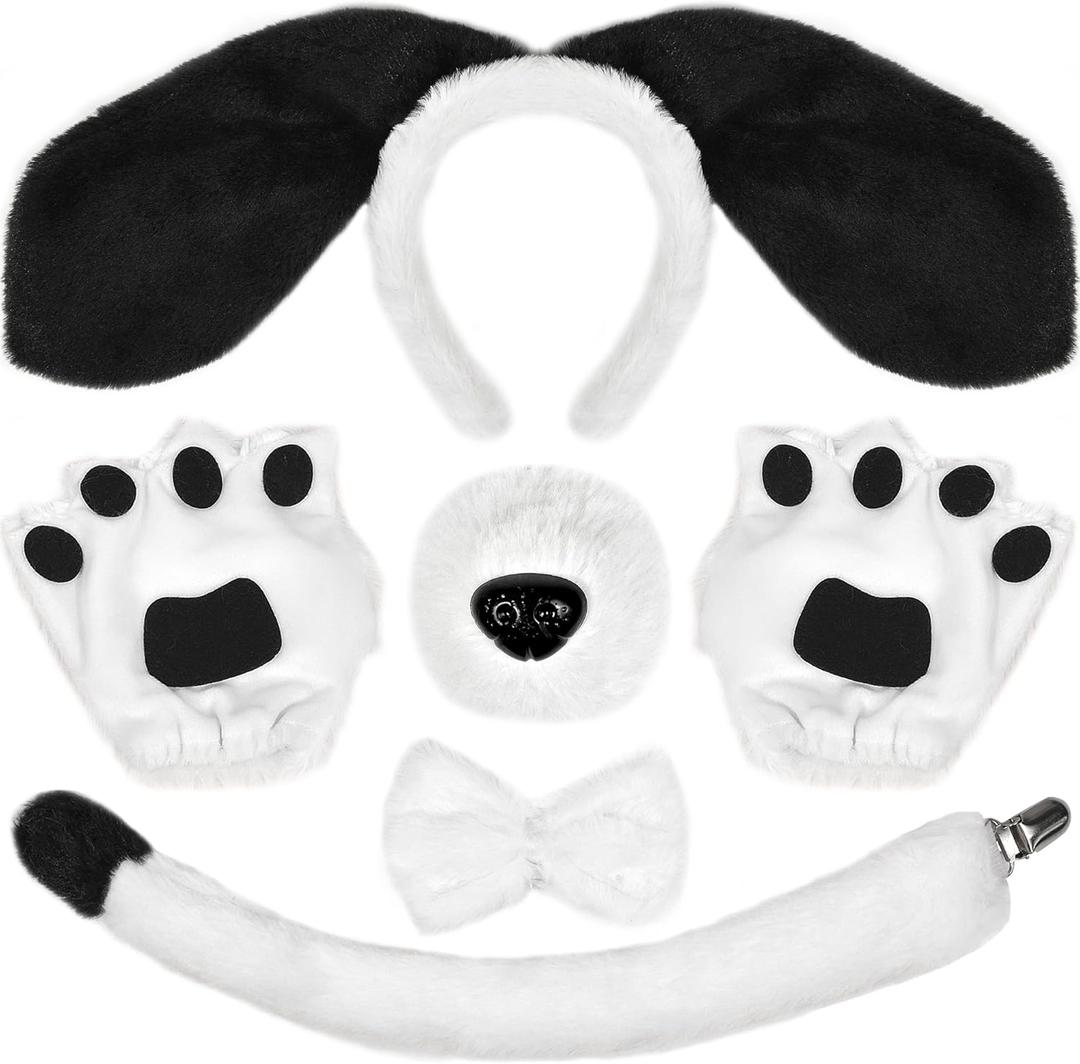 Black Dog Ears Headband Nose Tail Bowtie Paw, 5PCS Puppy Ears Costume Accessories Set for Adult Halloween Cosplay