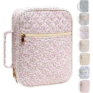Bible Cover for Women, Large Quilted Case with Handle, Durable Bag and Carrying Case for Girls, Study Supplies Accessories, Christian Gift for Women (Mini Pink Flower, Large)