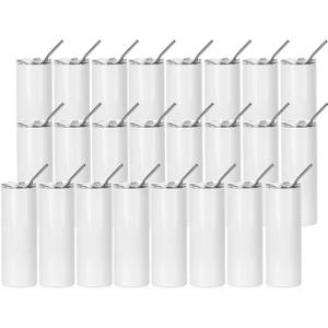 PYD Life 24 Pack Sublimation Tumblers Blanks Skinny 20 OZ White Straight Bulk Stainless Steel Cups with Metal Straw and Lid for Tumbler Heat Press Machine Sublimation Print