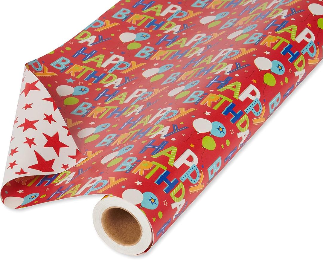 American Greetings 175 sq. ft. Reversible Wrapping Paper, for Birthdays, Happy Birthday Lettering and Stars (1 Jumbo Roll, 30 in. x 70 ft.)