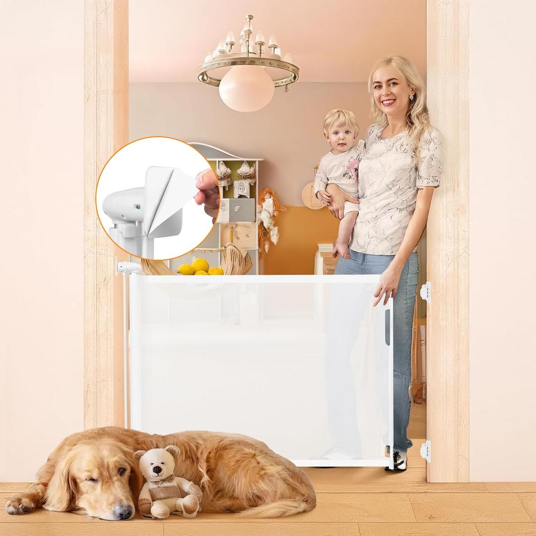 No Drill Retractable Baby Gates No Drilling Retractable Pet Gate for Stairs No Drilling Retractable Dog Gate Outdoor Retractable Gate for Baby 55" Wide Indoor Safety Gates Mesh Pet Gates (No Drill 55" Wide, White)