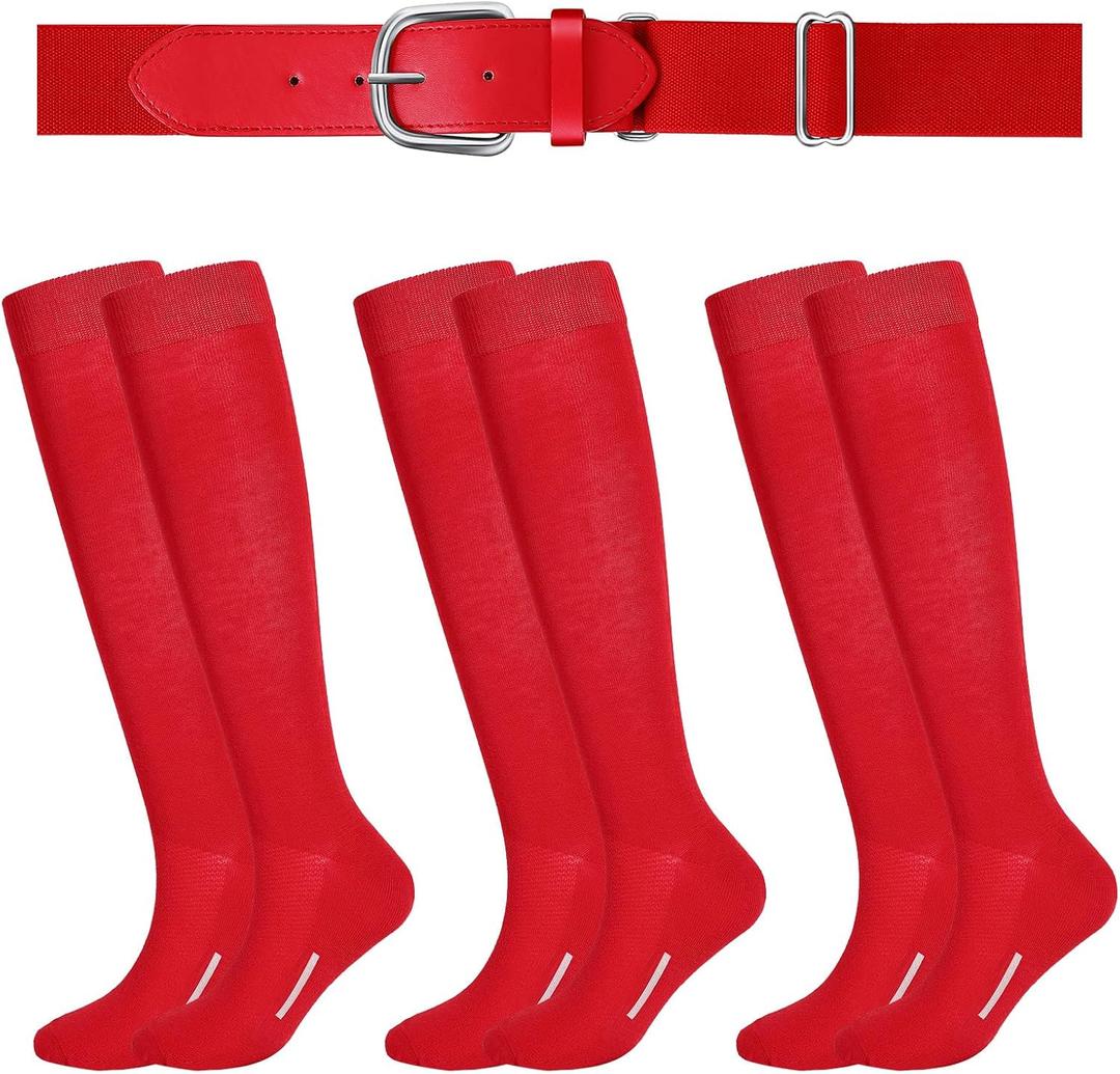 Haysandy Baseball or Softball Sock and Belt Combo Set 3 Football Baseball Socks with Softball Belt for Youth Boys Kids (Red, S)
