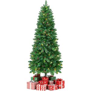 6FT Christmas Tree Prelit Artificial Christmas Tree with Lights 200 Multi Colored LED Hinged Christmas Tree with 550 PVC Tips Foldable Metal Stand for Home Office Party Indoor Outdoor Christmas Decor