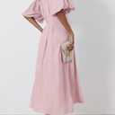 chouyatou Women Summer Puff Sleeve Button Down Shirt Dress Flowy Elegant Business Casual Midi Long Dress (Pink, L)