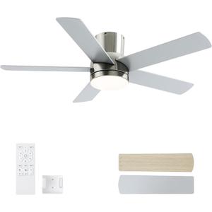 42 Inch Brushed Nickel Ceiling Fan with Light, Flush Mount and Remote Control, Dimmable 3-Color Temperature LED, 6-Speed Reversible DC Motor, 5-Blade Modern Design for Indoor or Outdoor