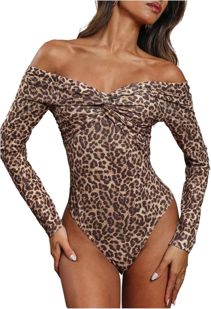 SweatyRocks Women's Sexy Leopard Print Bodysuit Off The Shoulder Ruched Wrap Leotard Going Out Tops (Multicolor)