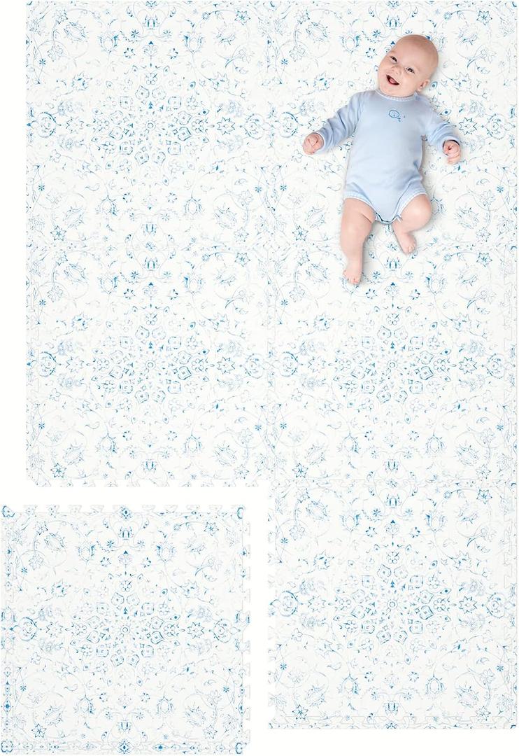 Extra Large Baby Play Mat - 4FT x 6FT Non-Toxic Foam Puzzle Floor Mat for Kids & Toddlers (Persia Handmade Pattern, Blue and White)