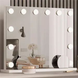 LOMRECS Vanity Mirror with Lights, Hollywood Lighted Makeup Mirror with 15 Dimmable Led Bulbs, 3 Color Lighting Modes, USB Charging Port Touch Control 10x Magnification 22.2 × 17.3 inch