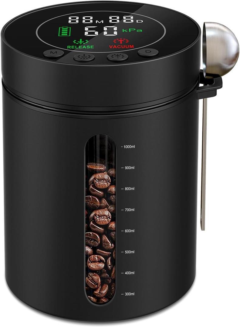 Electric Vacuum Coffee Canister, 1.3L Glass Airtight Food Storage Containers with Smart Pressure Sensor, Automatic Coffee Bean Container Rechargeable with LED Display Window for Kitchen Food Storage