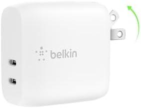 Belkin 40W Dual Port USB C Wall Charger Block - USB C Fast Charging for Apple iPhone, iPad, Samsung Galaxy Phone, & More - Programmable Power Supply Tech - Folding Prongs - White