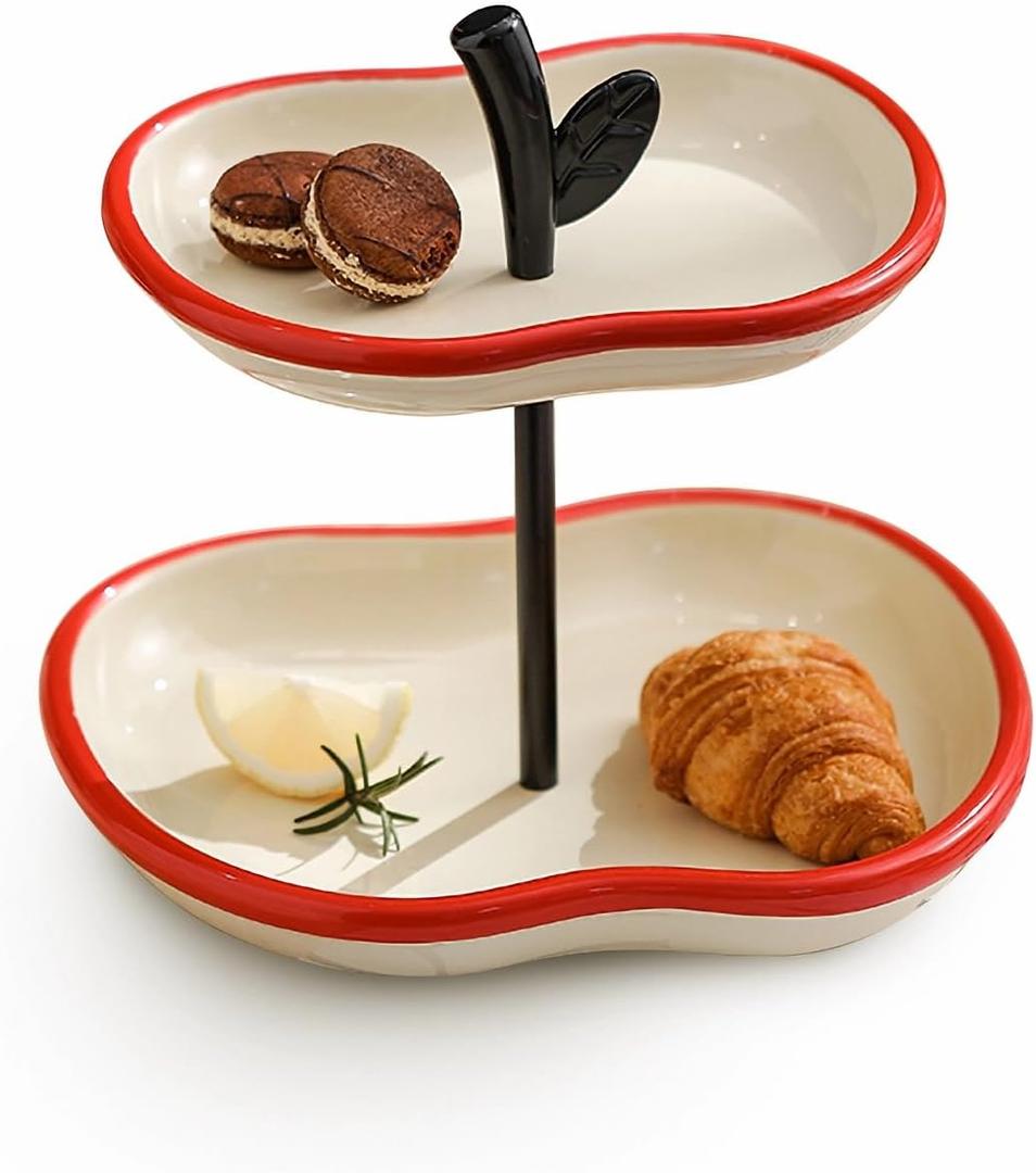 MOOSHU Ceramic Cupcake Dessert Stand - 2-Tier Fruit Platter for Kitchen Counter - Apple-Shaped Holiday Decorative Tiered Serving Trays for Parties Entertaining, and Food Display.