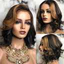 Short Wig Lace Front Wigs Synthetic Bob Wavy Black/Blonde Highlights Color Natural Hairline 160% Density Balayage Hair Ombre Two Tone Color Heat Resistant Fiber Hair Wig with Baby Hair(12inch)