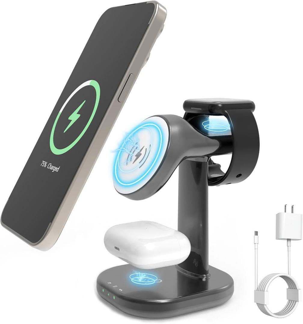 Wireless Charging Station for Magsafe Charger Stand,Fast Wireless Charger for iPhone Stand,3 in 1 Magnetic Phone Charger for Apple Watch,for Airpods,for Magsafe Charging StationGray