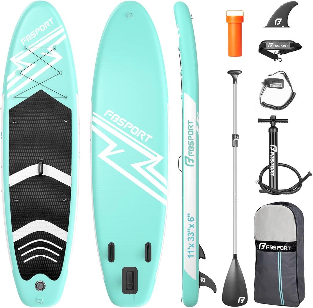 FBSPORT 11' Premium Stand Up Paddle Board, Yoga Board with SUP Accessories & Carry Bag | Wide Stance, Surf Control, Non-Slip Deck, Leash, Paddle and Pump for Youth & Adult