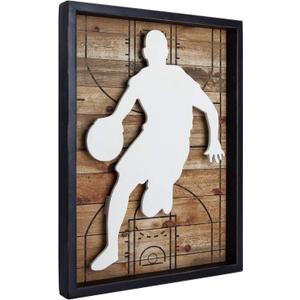 NIKKY HOME Basketball Decor Framed Wall Art Wooden Basketball Player Poster Hanging Vintage Rustic Retro Funny Sport Room Decor Accessories Unique Birthday Gifts for Teen Boys Fan Men Kids, 12" x 16"