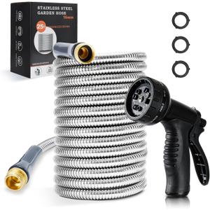 Stainless Steel Garden Hose 25 ft Heavy Duty Metal Water Hoses with 10 Function Water Hose Nozzles for Yard Outdoor